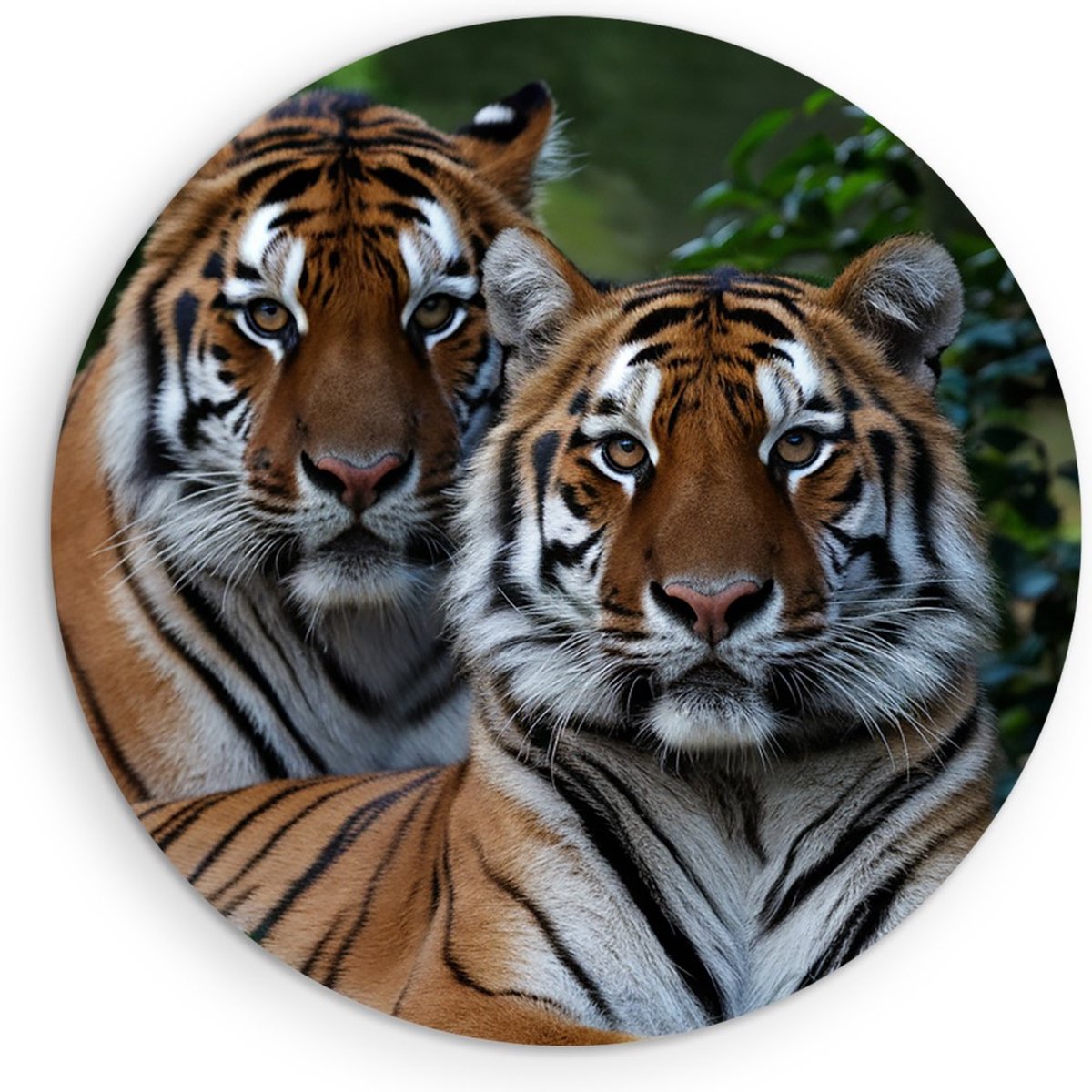 Saammp Muurcirkel Hout - 2 Tijgers tussen de Planten - Natuur - Dieren - Ø 60 - Wandcirkel - Wanddecoratie Cirkel - muurdecoratie Woonkamer - Slaapkamer decoratie - Rond Schilderij