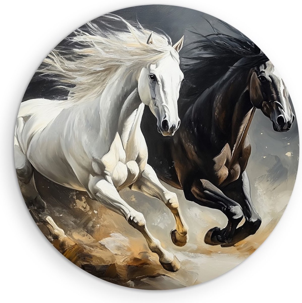 Saammp Muurcirkel Hout - 2 Paarden - Abstract - Galop - Dieren - Natuur - Ø 60 - Wandcirkel - Wanddecoratie Cirkel - muurdecoratie Woonkamer - Slaapkamer decoratie - Rond Schilderij