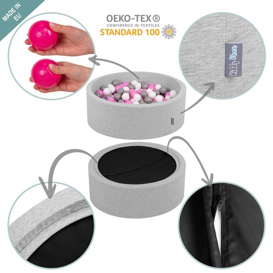 KiddyMoon piscine à balles carrée piscine à balles 120x30cm/1000 balles ∅ piscine à balles carrée 7cm pour groupe de jeu bébé, fabriquée dans l'UE, gris clair: gris perle-transparent-rose poudré