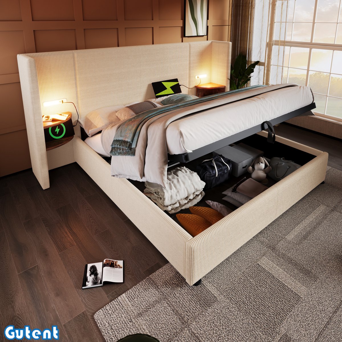 Gutent Tweepersoonsbed - 160 x 200 - met nachtkastje - Leeslampje - Oplaadfunctie - Opbergruimte - Beige - Ribfluweel stof - Geen matras