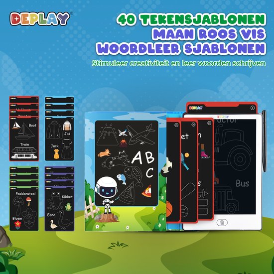 DEPLAY tekentablet met diverse teken- en leer-sjablonen zoals voertuigen, kleding, dieren en letters.