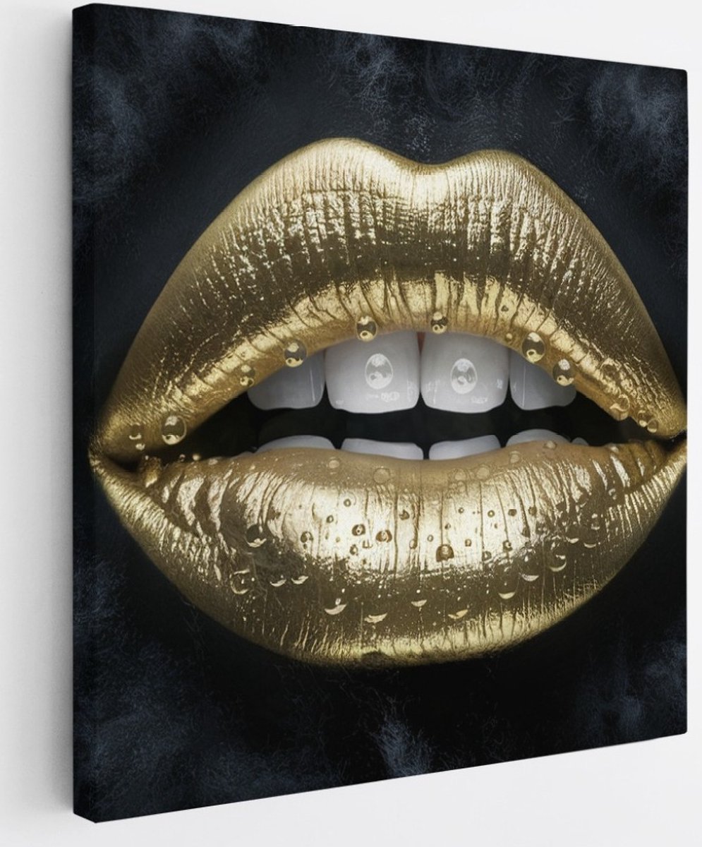 Saammp Canvas Schilderij - Goude Lippen - Abstract - 100x100 - Foto op canvas - Wanddecoratie - Muurdecoratie Woonkamer - Slaapkamer decoratie - Canvas Print Multicolor