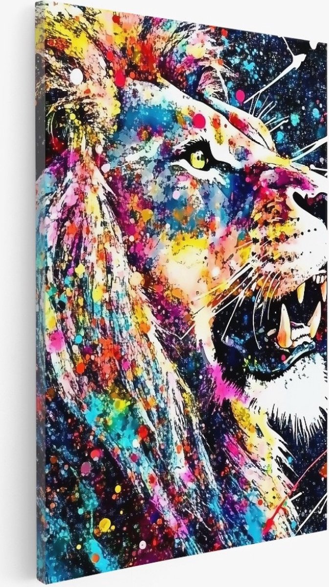 Saammp Canvas Schilderij - Kleurrijke Leeuw - verfspetters - Abstract - 30x45 - Foto op canvas - Wanddecoratie - Muurdecoratie Woonkamer - Slaapkamer decoratie - Canvas Print Multicolor