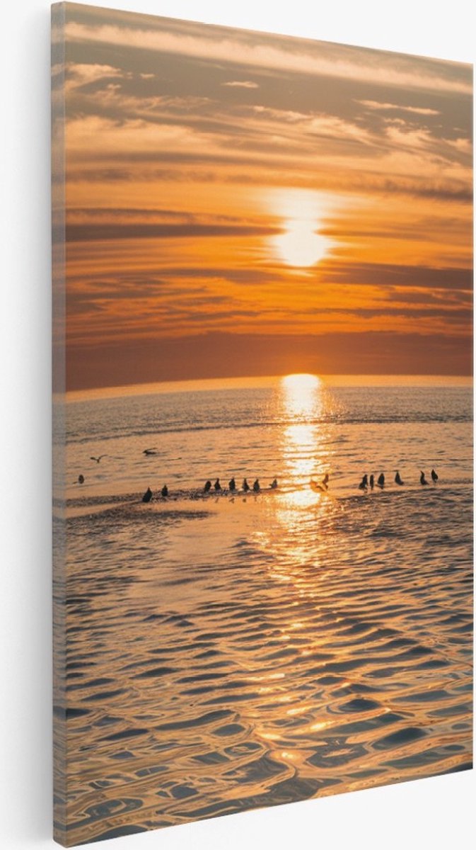 Saammp Canvas Schilderij - Vogels op een zandbank - Strand - Landschap - Natuur - 40x60 - Foto op canvas - Wanddecoratie - Muurdecoratie Woonkamer - Slaapkamer decoratie - Canvas Print Multicolor