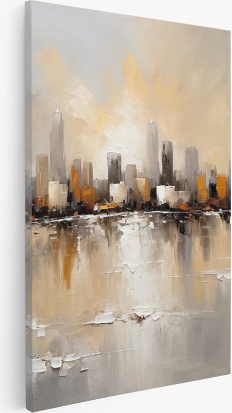 Peinture abstraite d'une ligne d'horizon au coucher du soleil dans des tons dorés, gris et bruns, se reflétant dans l'eau.