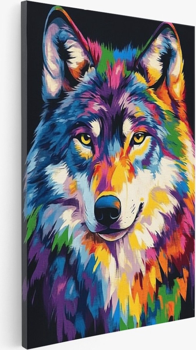 Saammp Canvas Schilderij - Abstract - wolf - Kleurrijk - Natuur - Dieren - 40x60 - Foto op canvas - Wanddecoratie - Muurdecoratie Woonkamer - Slaapkamer decoratie - Canvas Print Multicolor