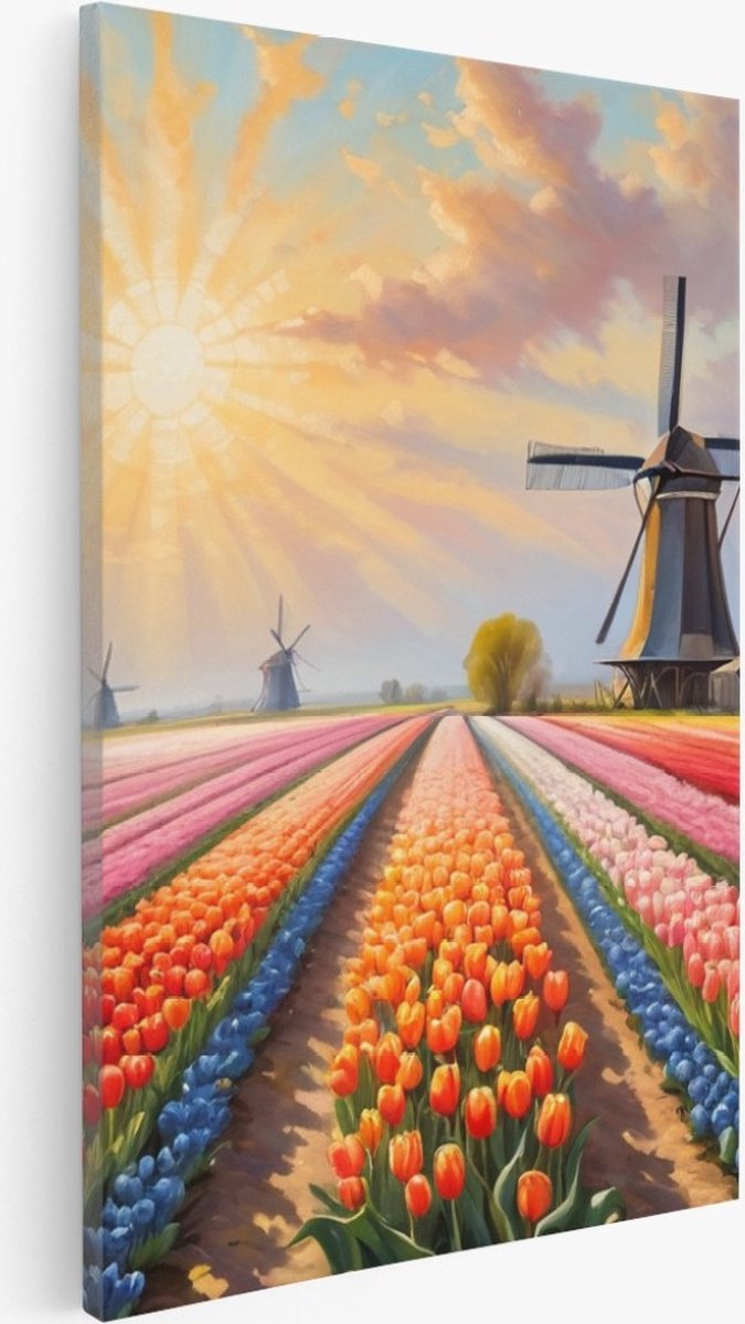 Saammp Canvas Schilderij - Landschap - Abstracte kleurrijke tulpen - Natuur - 80x120 - Foto op canvas - Wanddecoratie - Muurdecoratie Woonkamer - Slaapkamer decoratie - Canvas Print Multicolor