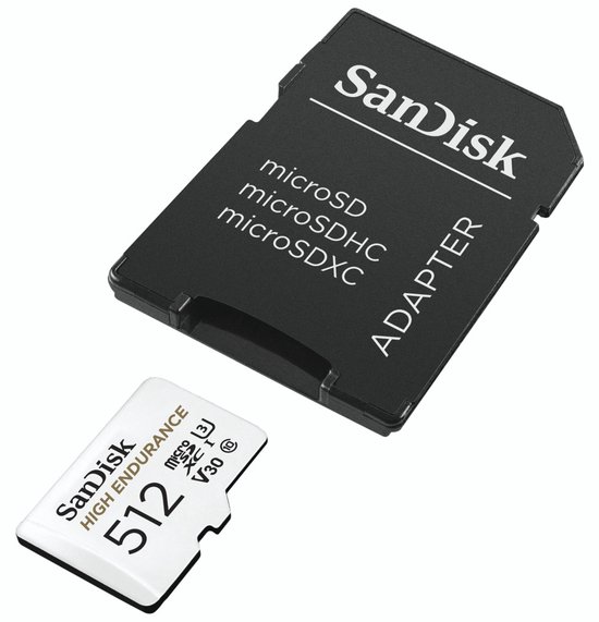 SanDisk microSDXC-kaart met adapter. De witte kaart heeft "HIGH ENDURANCE 512" erop.