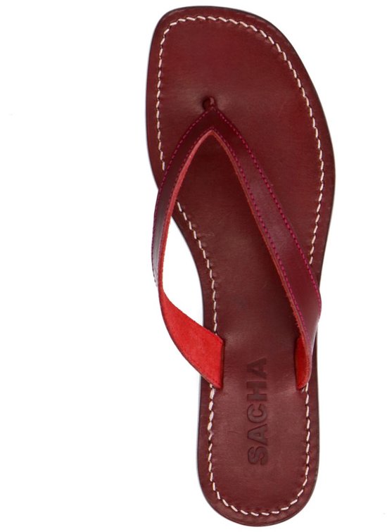 Sacha - Femme - Tongs en cuir bordeaux - Taille 42