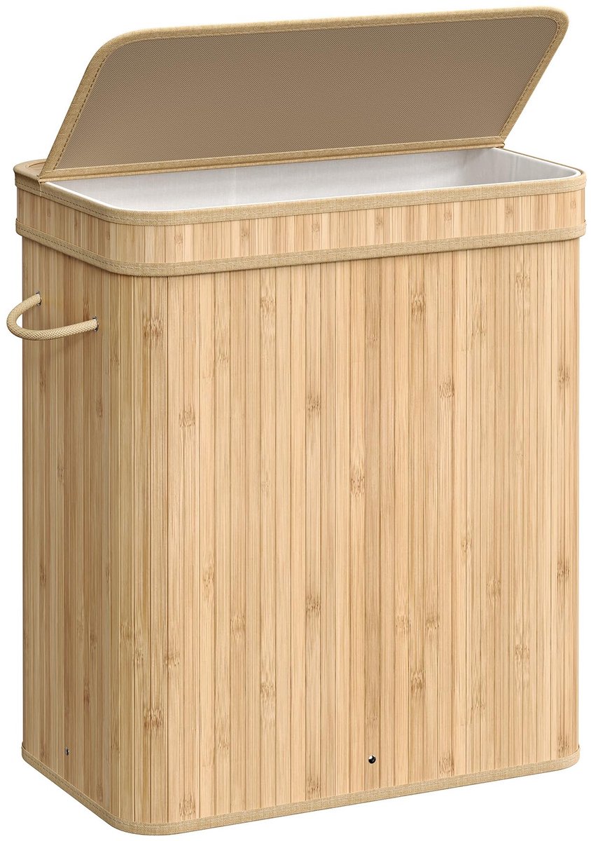 SONGMICS Wasmand met deksel, 100 liter, wasverzamelaar bamboe, waszak uitneembaar en machinewasbaar, met handgrepen, voor bijkeuken, slaapkamer, woonkamer, natuurlijke kleuren LCB063N01