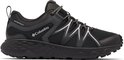 Zwarte Columbia wandelschoen met grijze zigzag-accenten en 'WATERPROOF' logo op de hak.