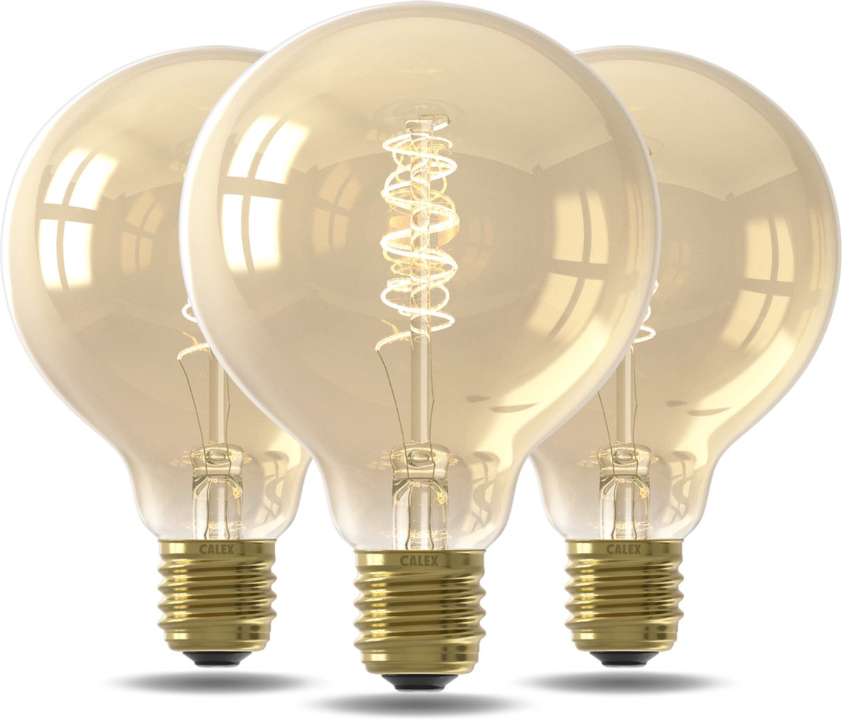 Calex Spiraal Filament LED Lamp - Set van 3 stuks - G95 Vintage Lichtbron - E27 - Goud - Warm Wit Licht - Dimbaar
