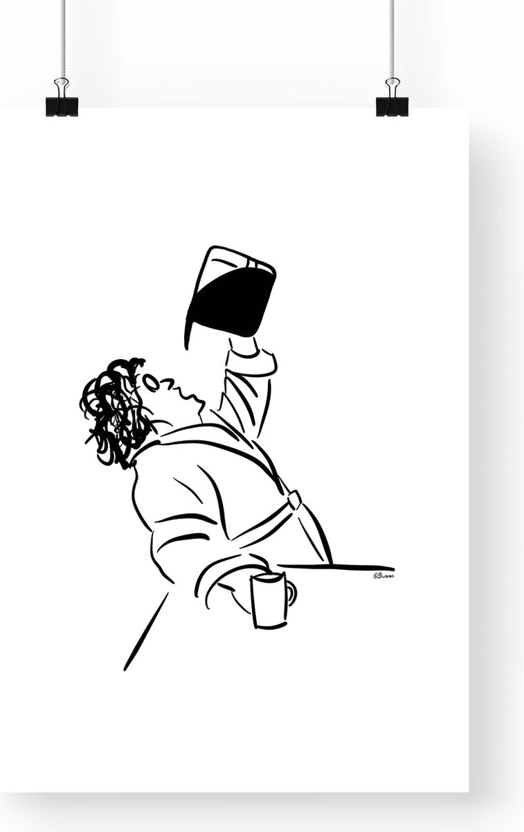 Artprint Koffie - Lijntekening illustratie in A3 formaat - Poster met dame die kan koffie aan de mond zet