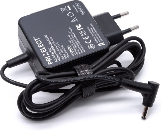 Adaptateur secteur noir Primelect avec un câble noir enroulé et un connecteur en L.