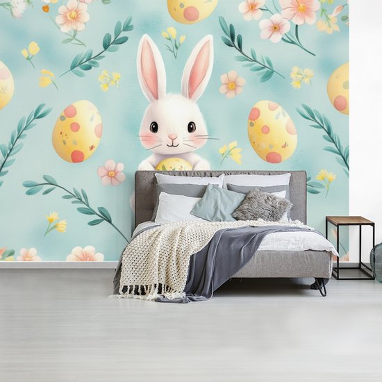 Behang - Fotobehang Konijn - Eieren - Takjes - Breedte 375 cm x hoogte 280 cm