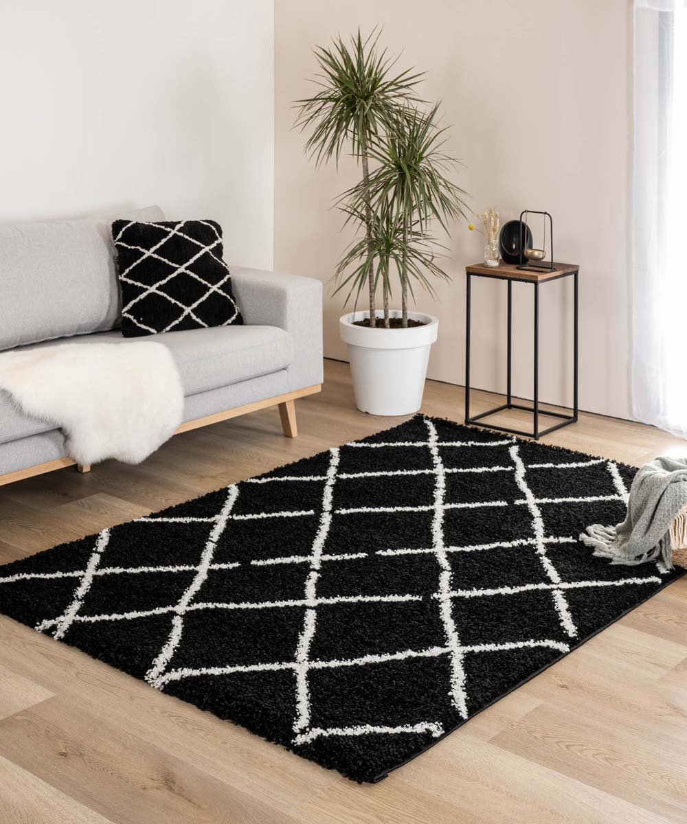 Hoogpolig vloerkleed ruiten Artisan - zwart/wit 140x200