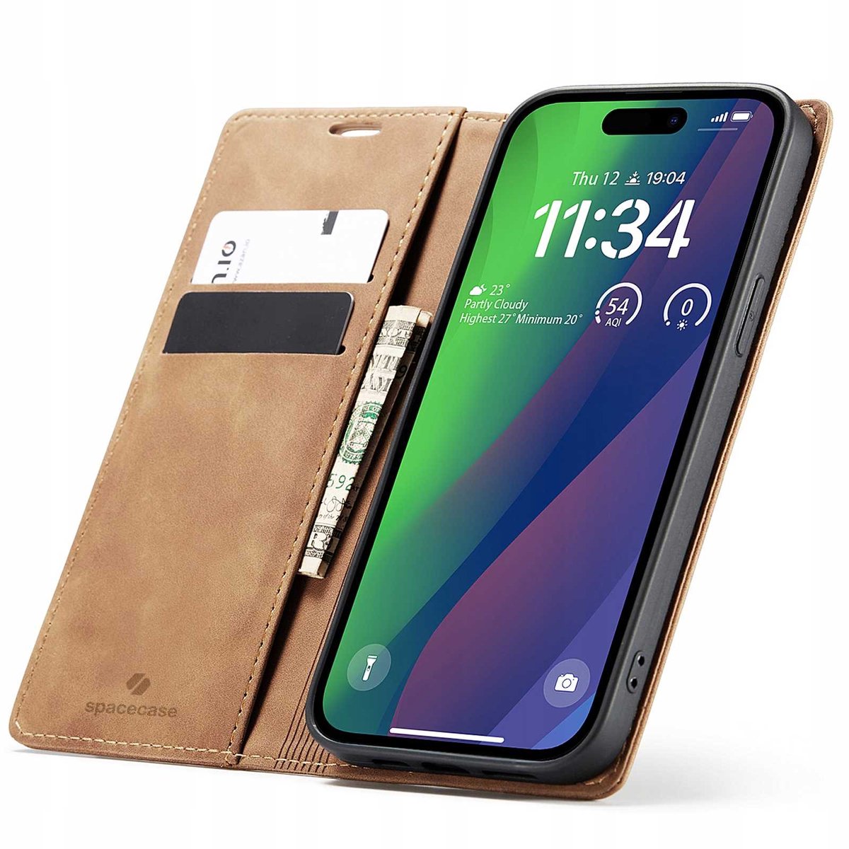 Spacecase Wallet Case Voor Iphone 15 Lederen Hoes Lichtbruin