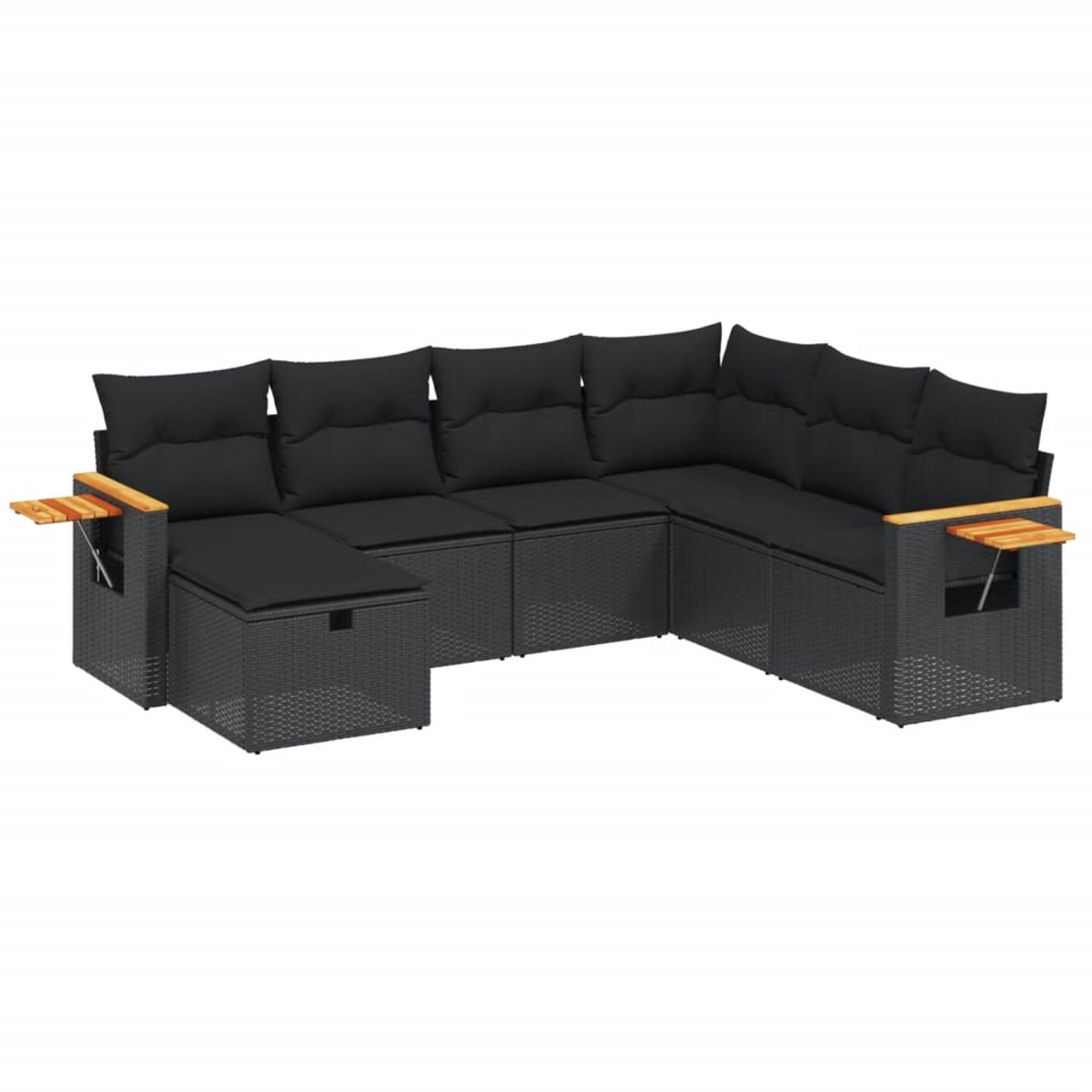 Zwarte poly rattan loungeset met kussens voor tuin- en loungehoek.