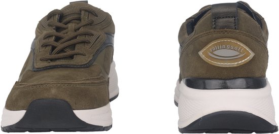 Voor- en achteraanzicht van groene Gabor sneakers met 'rollingsoft' logo op de hak.