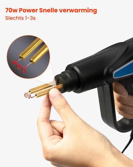 Hand die verwarmingselementen van een 70W kunststof laspistool plaatst. Snelle verwarming, slechts 1-3s.