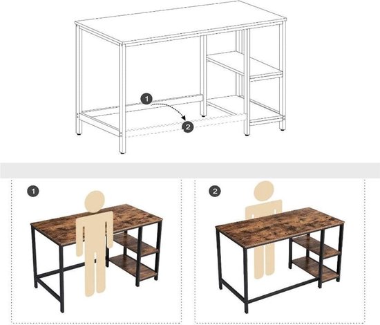 Bureau met bruin houtnerf blad en zwart metalen frame, met twee planken aan de zijkant. Inclusief opbouwinstructie.