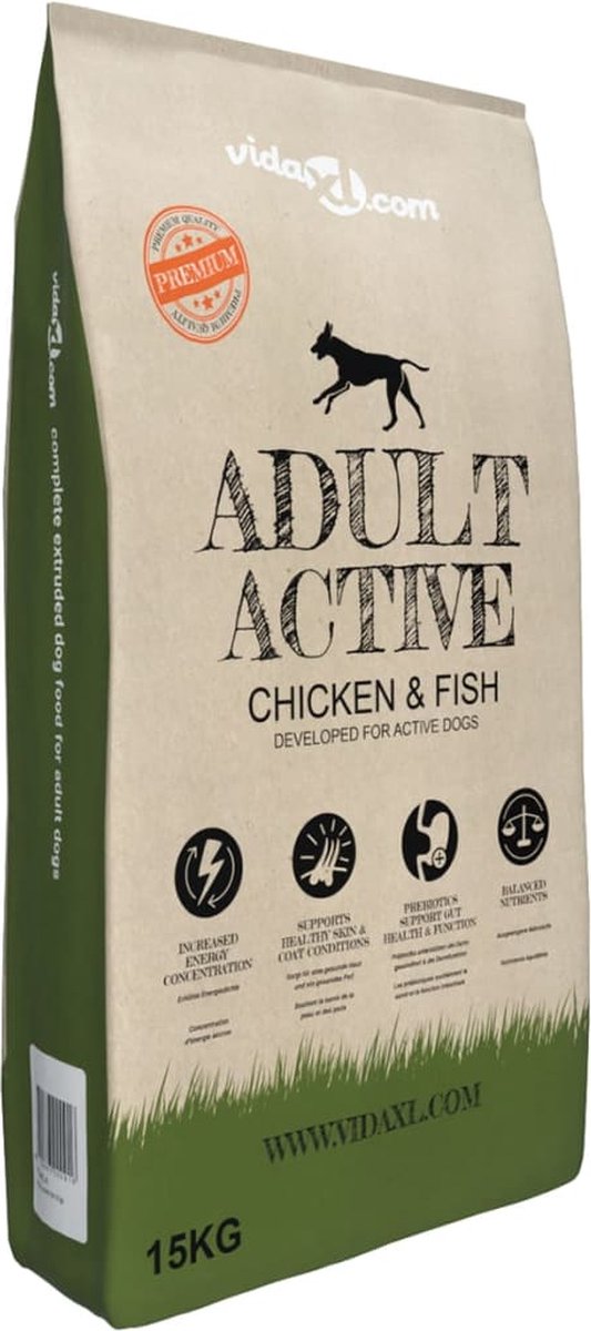 vidaXL vidaXL - Premium - hondenvoer - droog - Adult - Active - Chicken - & - Fish - 15kg