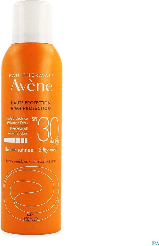 Oranje spuitbus met witte dop, met "Avène Haute Protection High Protection SPF 30 Silky Mist" erop.