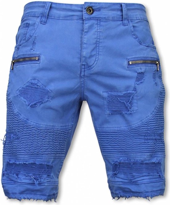 Korte Broek Heren - Slim Fit Damaged Biker Jeans With Zippers - Blauw
