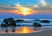 Fotobehang Beach Rocks Sea Sunset Sun | XXL - 206cm x 275cm | 130g/m2 Vlies