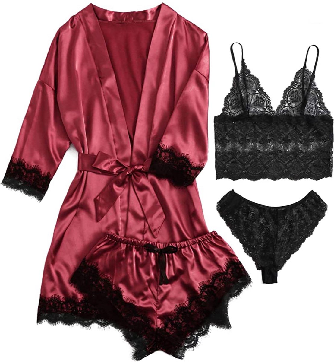 Goedkoopste Body4Everybody - 4-delig - Nachtkleding set bordeaux L - nachtkleding - kimono - nachtjapon - badjas - ochtendjas - satijn - lingerie set - bodysuit - sexy - pyjama