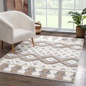 Flycarpets Solace Hoogpolig Geruit Vloerkleed - Grijs / Beige - 140x200 cm