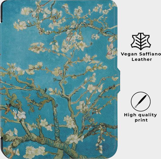 Lunso - Geschikt voor Kobo Clara 2E hoes (6 inch) - Vegan Saffiano Leren sleep cover - Van Gogh Amandelbloesem van Lunso — afbeelding 2