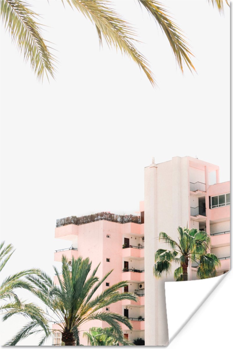 Poster Palmbomen - Hotel - Roze - Wit - 20x30 cm