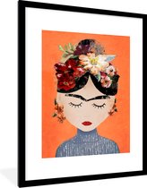 Fotolijst incl. Poster - Portret - Frida Kahlo - Oranje - Vrouw - Bloemen - 60x80 cm - Posterlijst