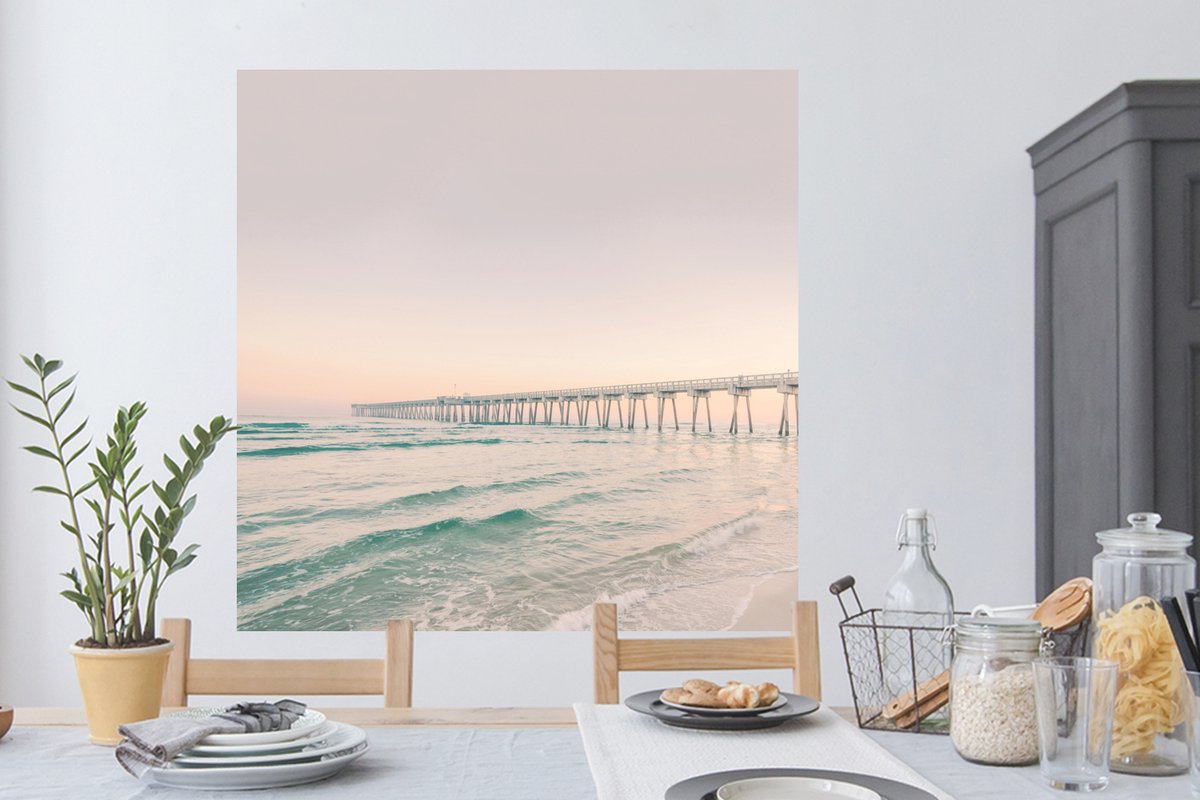 Muurstickers - Sticker Folie - Zee - Strand - Brug - Natuur - Zonsondergang - 120x120 cm -