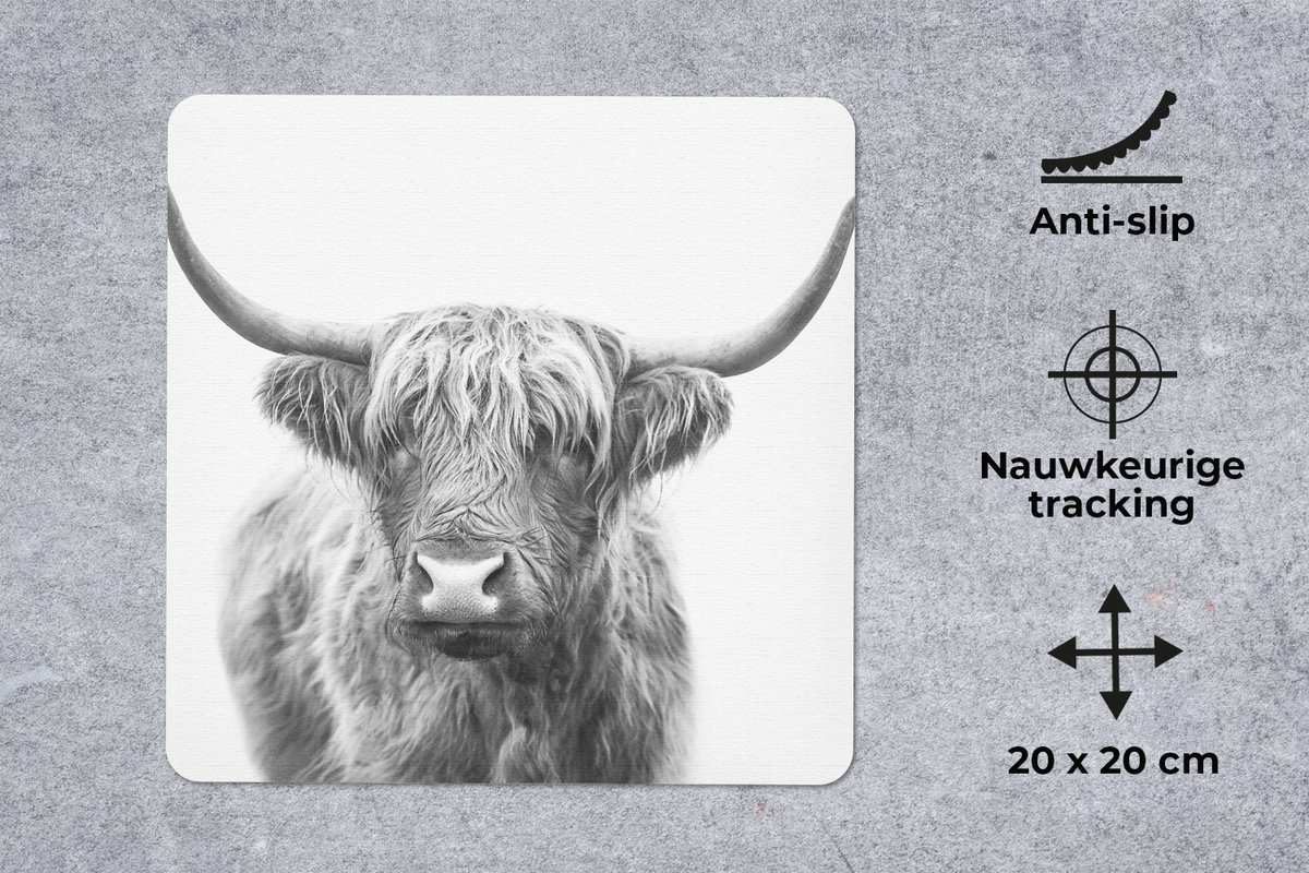 Muismat 20x20 cm - Mousepad Schotse hooglander - Dieren - Hoorns - Zwart wit - Muismatten
