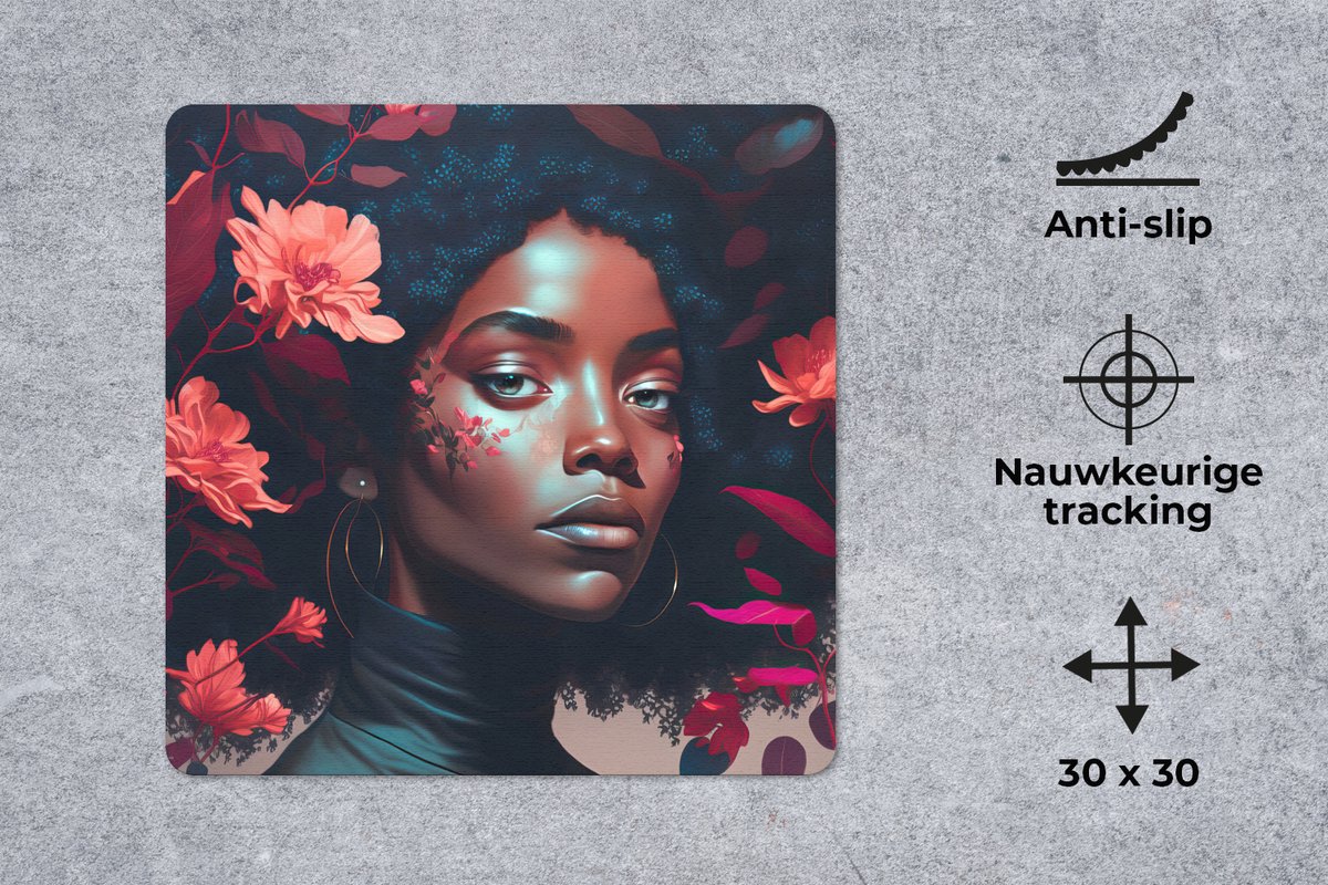 Muismat 30x30 cm - Mousepad Bloemen - Vrouw - Portret - Illustratie - Muismatten