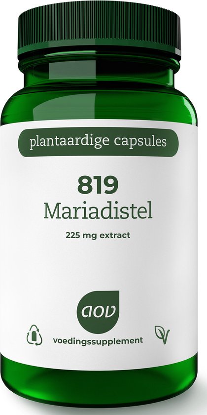 Groene pot met een wit etiket: 'plantaardige capsules', '819 Mariadistel', '225 mg extract', 'AOV voedingssupplement'.
