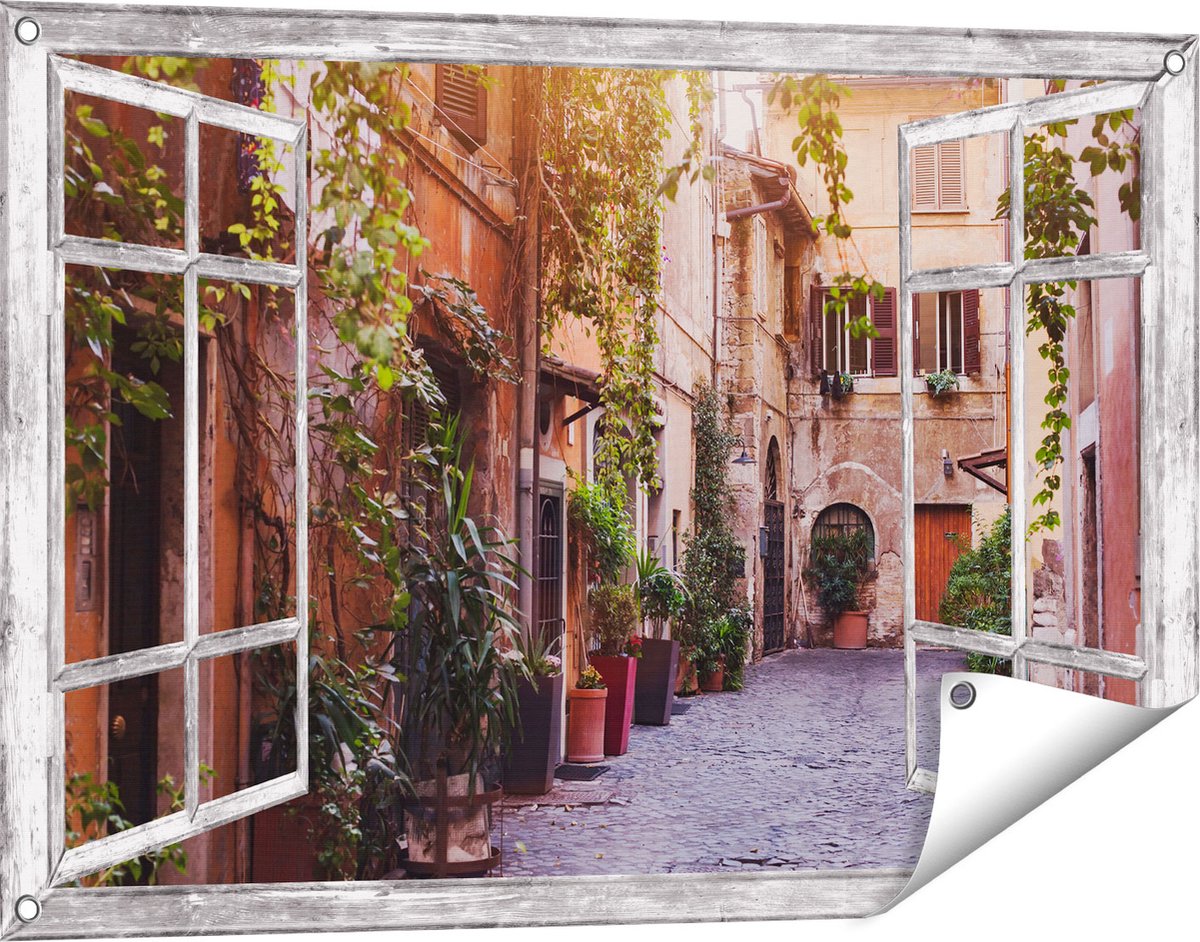 Gards Tuinposter Doorkijk Straatje in Rome met Groene Planten - 90x60 cm - Tuindoek - Tuindecoratie - Wanddecoratie buiten - Tuinschilderij Grijs