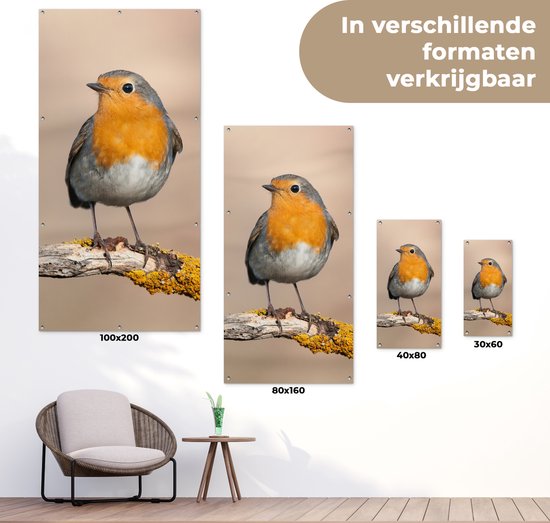 Vier tuinposters met roodborstje in verschillende formaten: 100x200, 80x160, 40x80 en 30x60 cm.
