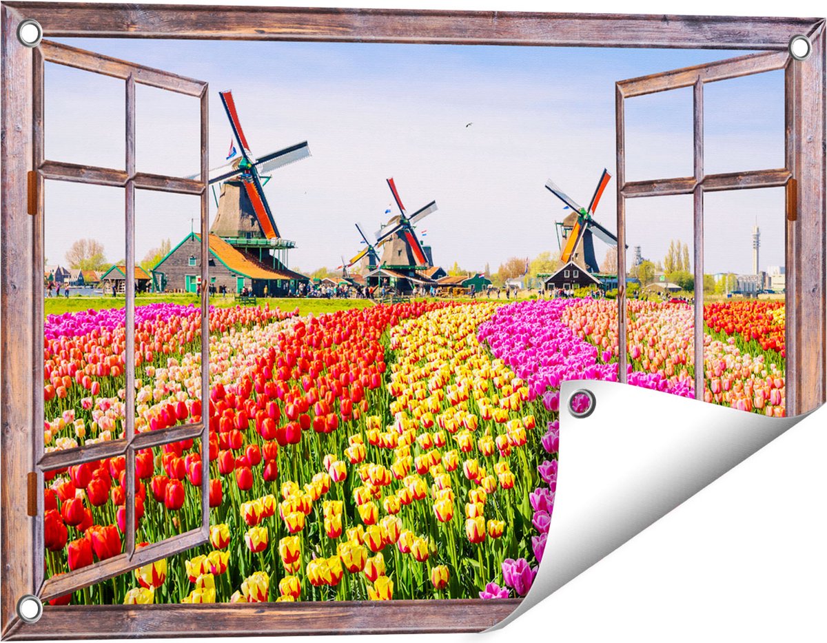Gards Tuinposter Doorkijk Kleurrijke Tulpen Bloemenveld - Windmolen - 60x40 cm - Tuindoek - Tuindecoratie - Wanddecoratie buiten - Tuinschilderij