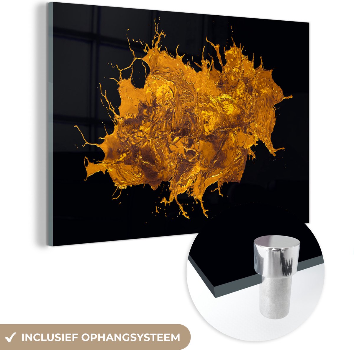 ® Glasschilderij 180x120 cm - Schilderij acrylglas - Verf - Goud - Abstract - Zwart - Foto op glas - Muurdecoratie woonkamer - Wanddecoratie slaapkamer - Schilderijen