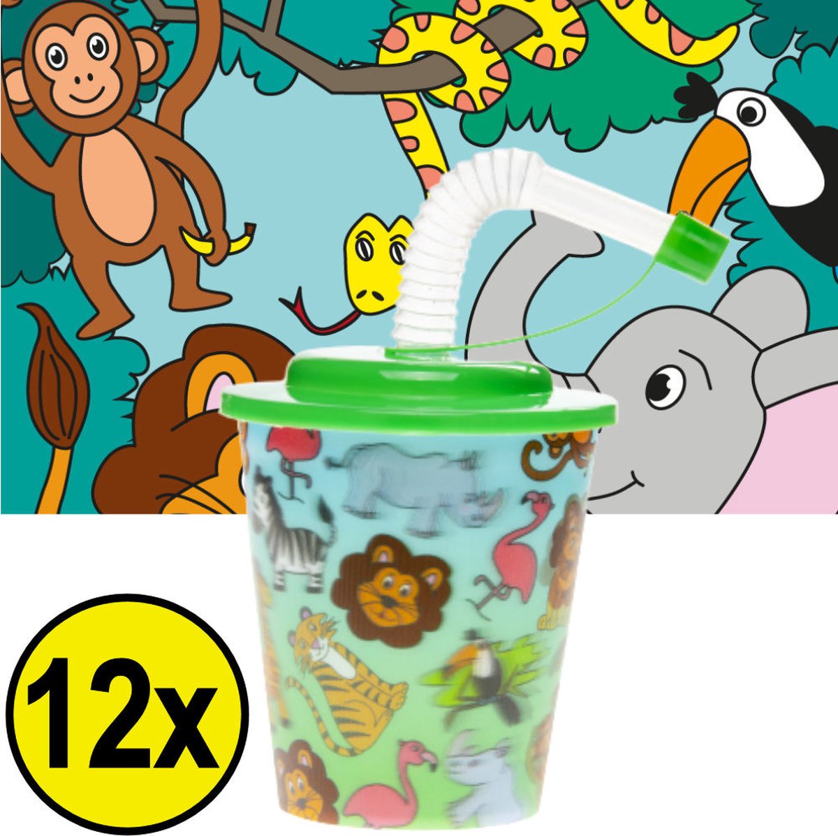 Goedkoopste 12 STUKS WILDE DIEREN 3D Drink Beker met Rietje en Deksel - 250ML - Jungle Plastic Bekers - Kinderfeestje - Kinderverjaardag Bekertjes - Traktatie - Uitdeelcadeaus