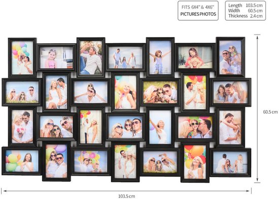 Un grand cadre photo noir avec 28 photos. Dimensions : 103,5 x 60 cm.