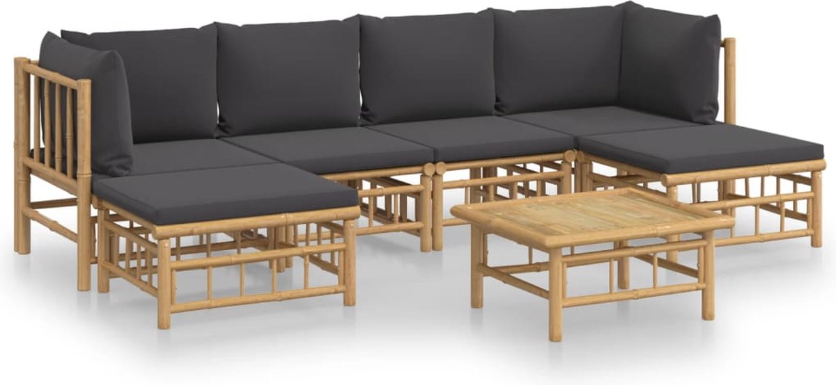 vidaXL 7-delige - Loungeset - met - kussens - bamboe - donkergrijs