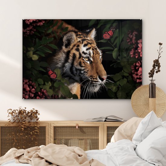 Peintures sur verre - Tigre - Papillons - Fleurs - 120x80 cm - Peintures Plexiglas