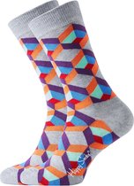 Happy Socks sokken - Optic Square Sock grijs met kleur - Unisex - Maat: 36-40