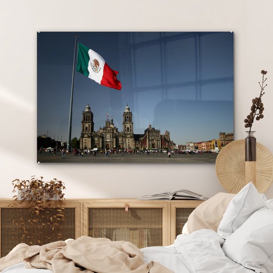 Cathédrale de Mexico et le drapeau mexicain Plexiglas 120x80 cm - Tirage photo sur Glas (décoration murale en plexiglas)
