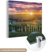MuchoWow® Glasschilderij 90x90 cm - Schilderij acrylglas - Italië - Zonsondergang - Toscane - Foto op glas - Schilderijen