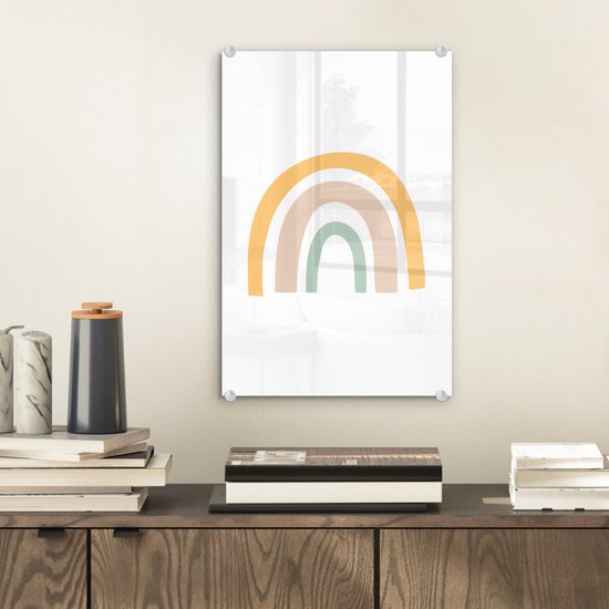 MuchoWow® Glasschilderij 20x30 cm - Schilderij acrylglas - Kinderillustratie met een regenboog van roze met blauwe en oranje kleuren - Kids - Kind - Baby - Foto op glas - Schilderijen